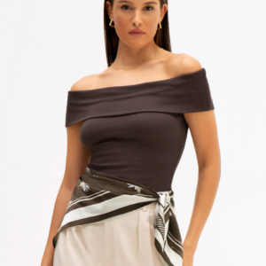Blusa Ombro a Ombro de Malha Canelada Marrom Gracy