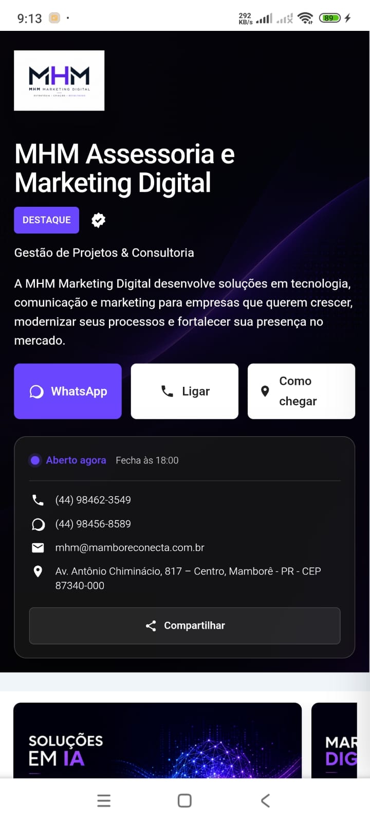 Visualização da página no celular